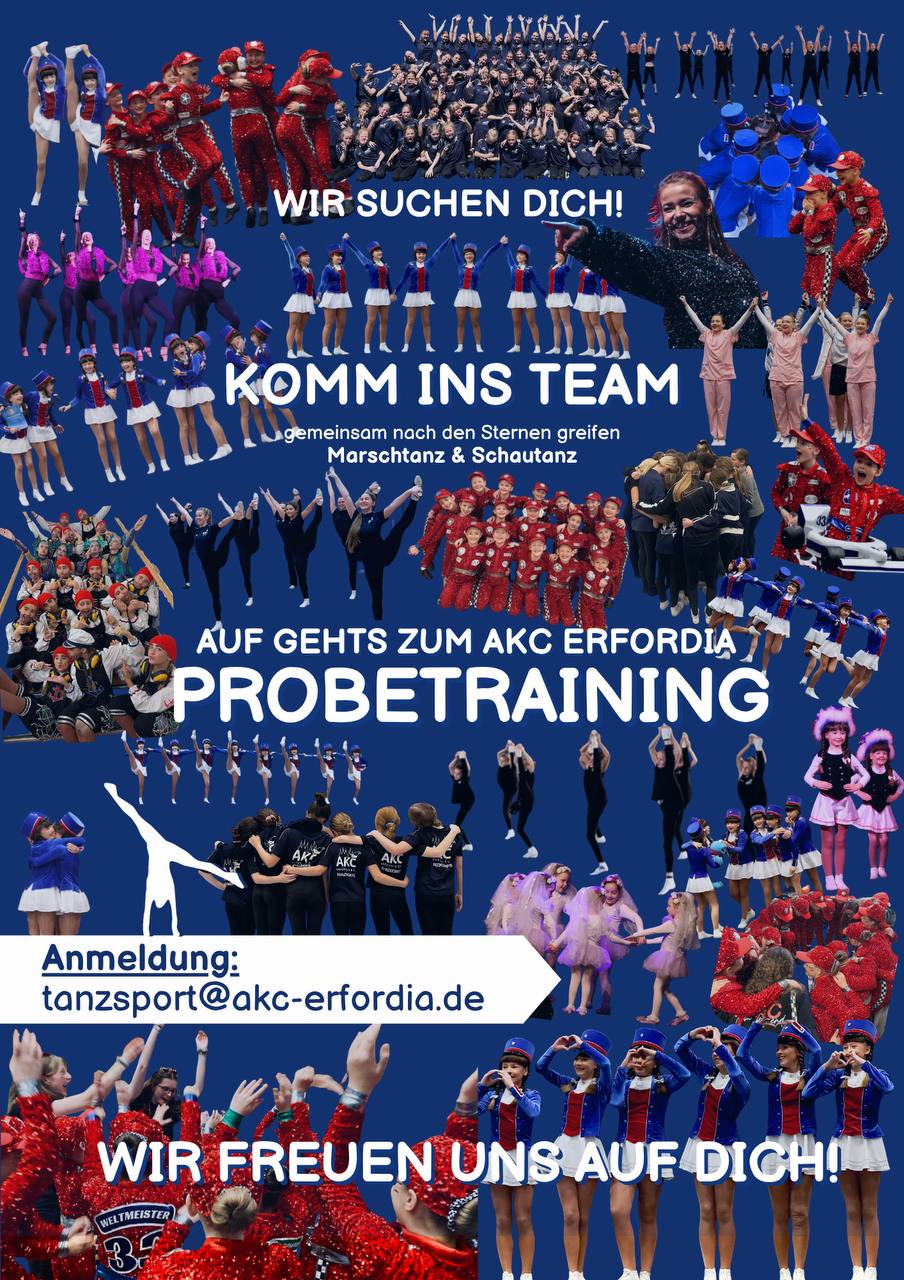 Wir suchen dich! Komm ins Team des AKC Erfordia: Probetraining für Marschtanz und Schautanz. Anmeldung: tanzsport@akc-erfordia.de. Wir freuen uns auf dich!