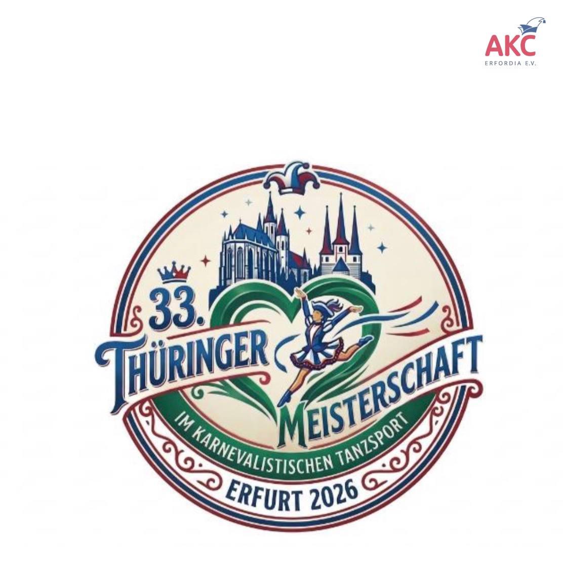 Logo der 33. Thüringer Meisterschaft im karnevalistischen Tanzsport in Erfurt 2026 mit AKC-Logo